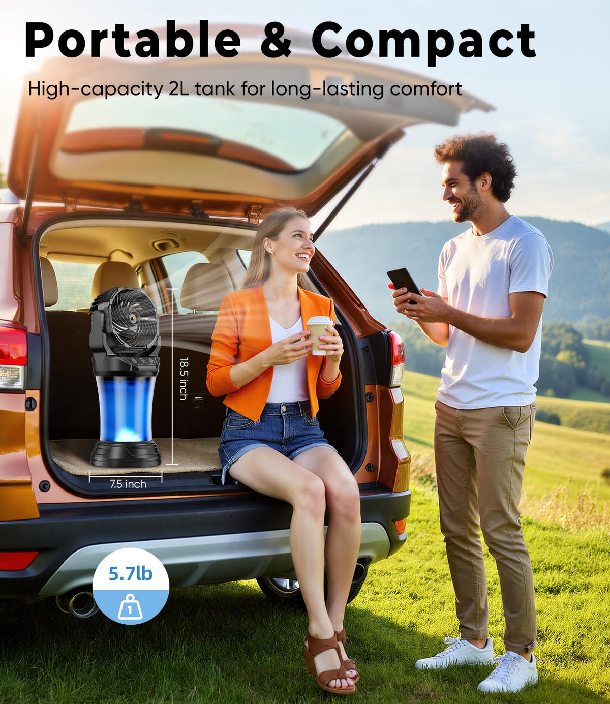 Misting Fan for Outside, 30,000mAh Rechargeable Mister Fan with Remote & RGB Lights, 2L Tank & 2 Extra Nozzles, 4 Speeds Mist Modes for Extreme Cooling Effect, Ideal for Camping, Patio, Backyard