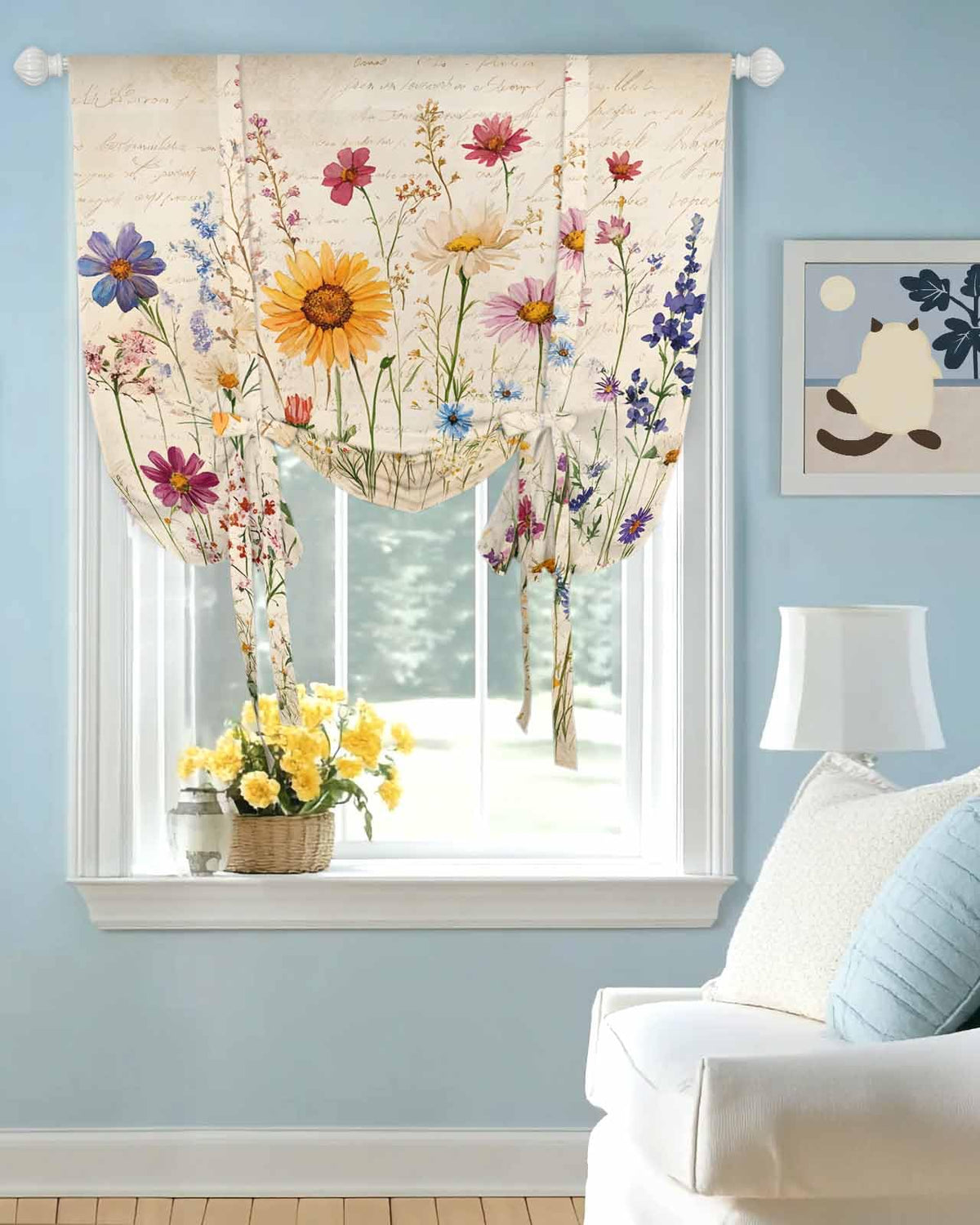 Botanical Floral Tie Up Curtains for Small Windows, Adjustable Rod Pocket Purple Pink Yellow Wildflowers Valance 45 Inch Short for Bathroom Kitchen, Retro Spring Balloon Roman Blind Shade, 34" x 45"