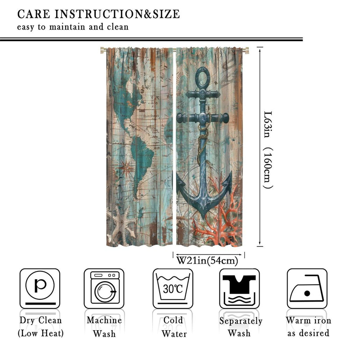 TOWINSFB Blue Nautical Map Anchor Blackout Curtains for Bedroom Living Room, Retro Plank Starfish Marine Life Coral Thermal Insulated Room Darkening Curtain- 2 Panels, Each 63" L x 21" W
