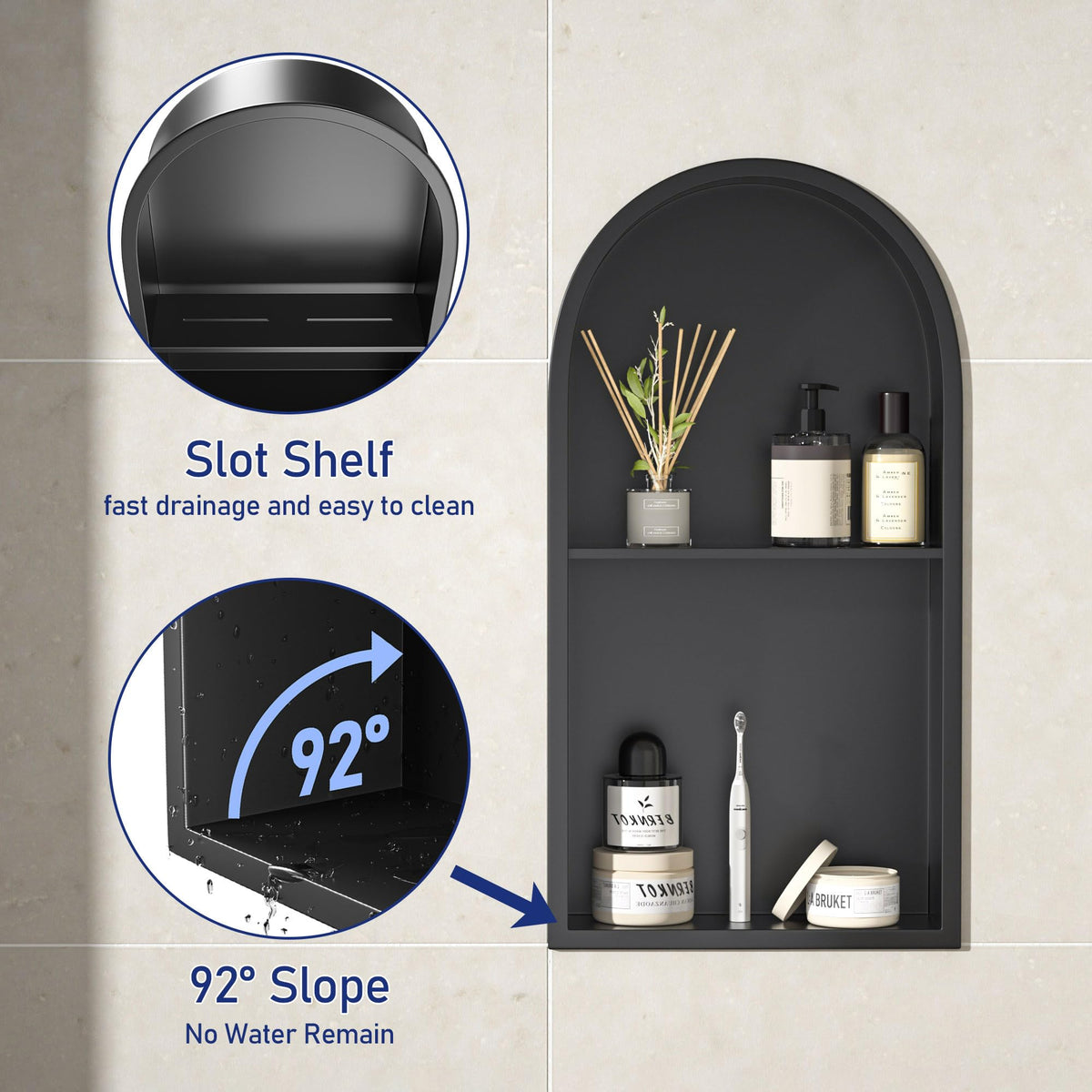 Bernkot Stainless Steel Arched Shower Niche 24" X 12" Matte Black No Tile Needed Vertical Niche Shower with 3-Tier Shelves Recessed Wall Arched Niches for Bathroom Storage