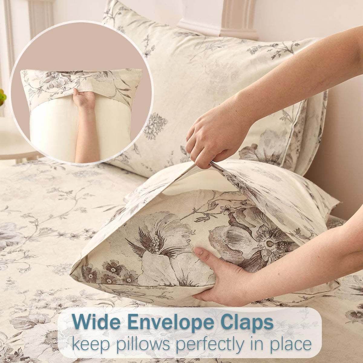 Huborise Beige Queen Sheet Set 100% Cotton Flannel-Like Warm Luxury Peony Toile Floral Bed Sheets 4Pc Deep Pocket 17.5", Double Brushed Extra Soft Breathable, Fall/Winter French Country Bedding