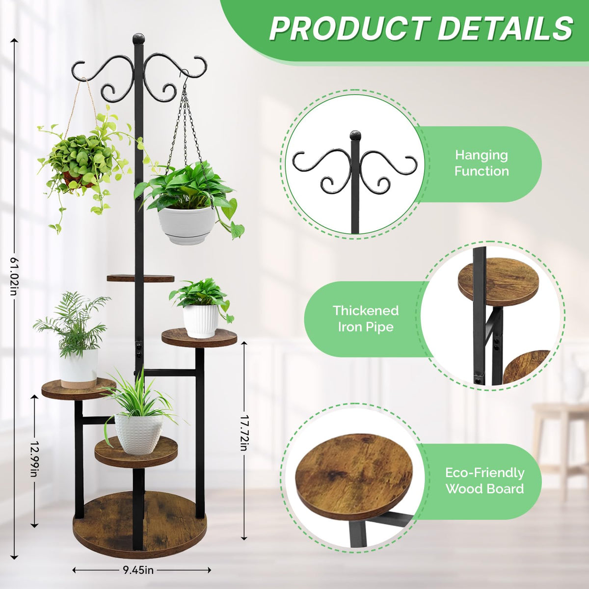 Plant Stand Indoor Outdoor, 4 Tier Hanging Plant Stands, Multiple Plant Display Rack Flower Pot Stand,61'' Tall Metal Plant Holder for Living Room Balcony Garden Patio Black