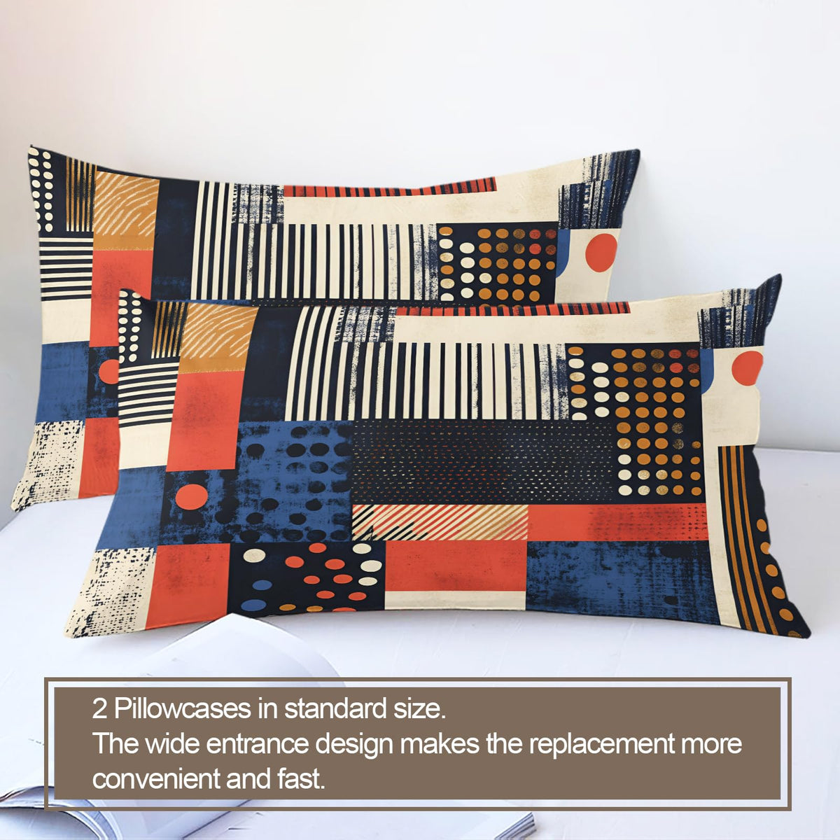GKPLY Geometric Blocks Comforter Set King, Strip Dot Distressed Duvet Cover Set, Mid Century Bedding Set & Home Decor, Zipper & Ties, Reversible Print - Boho Abstract Quilt & 2 Pillow Cases