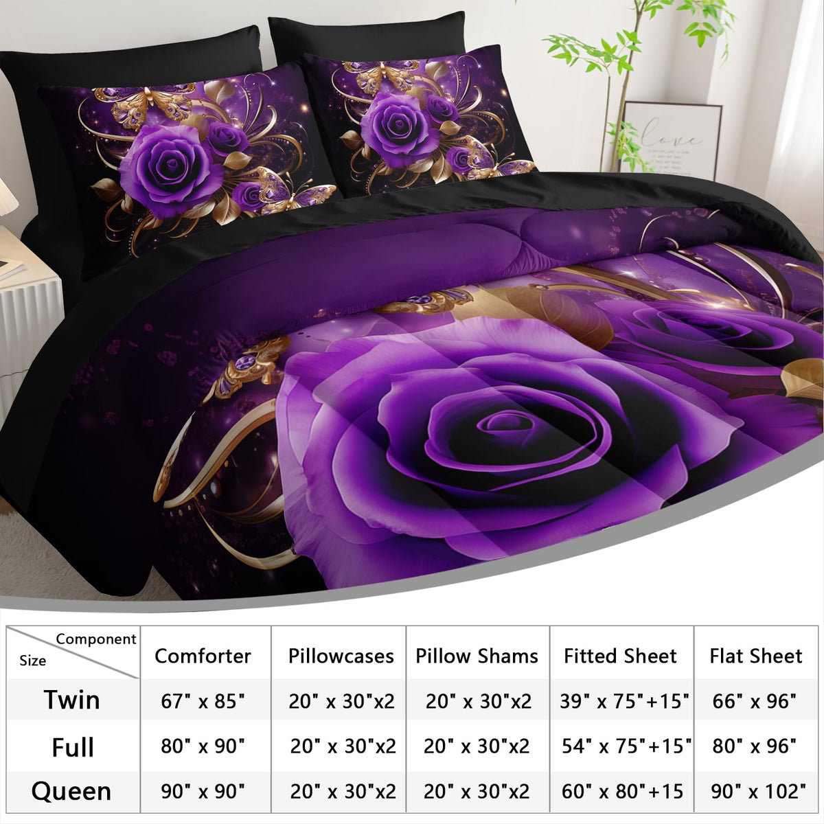 AILONEN Gold Purple Rose Flower Comforter Set Twin - 7Pcs Soft Floral Butterfly Bed in a Bag -Girls Rose Comforter,Fitted Sheet,Flat Sheet,2 Pillowcases,2 Pillow Shams for Women