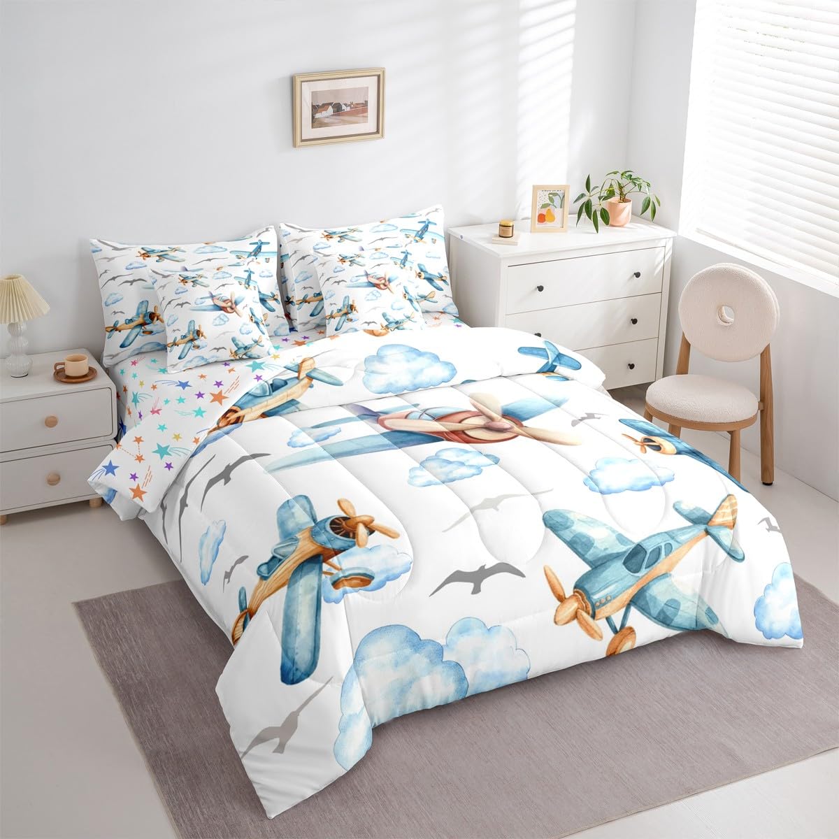Erosebridal Boys Cartoon Propeller Plane Full 7 Pcs Bedding Set, Aircraft Airplane Comforter Set with Sheets, Blue Clouds Bed in A Bag for Kids Girls Adults Bedroom, Flying Birds Animals Bed Sets