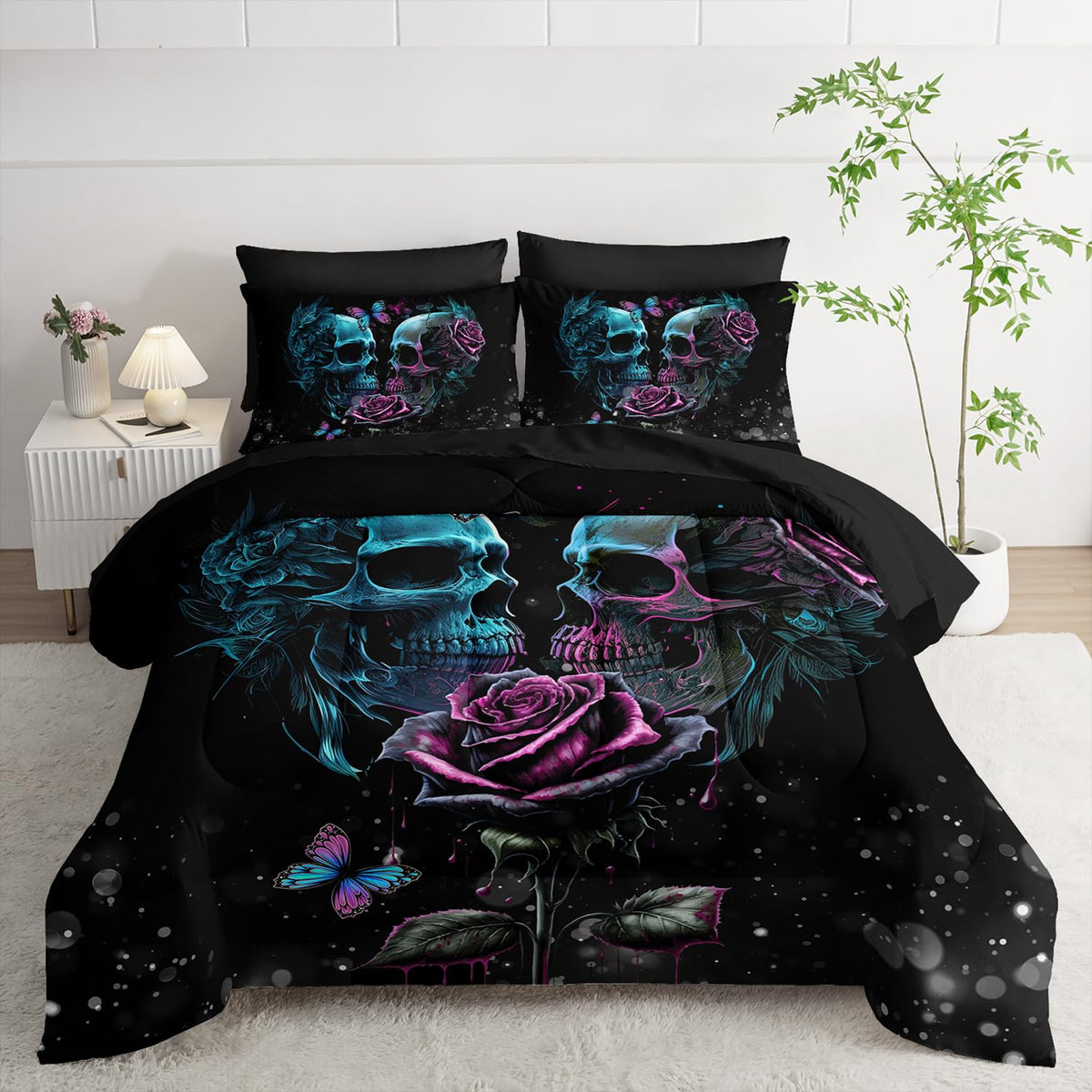 Tuzaovy Black Skull Comforter Set 7 Piece Queen Size Bed in A Bag,Goth Bedding for Room Decor,Soft Western Comforter Boho Hippie Bedding with Fitted Sheet,Flat Sheet, Pillowcases & Shams