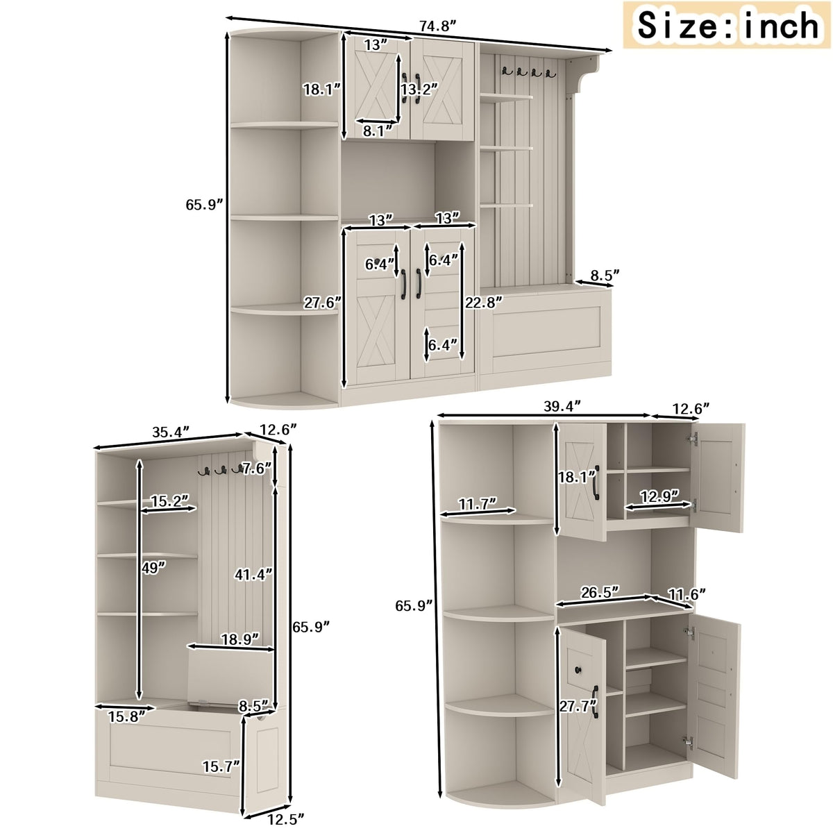 KEIKI Multifunction Entryway Storage Cabinet Set with Bench, Modular Hallway Organizer with Hooks, Open Shelves, Hidden Storage, Farmhouse Accent Cabinet for Living Room, Kitchen, Entryway, Beige