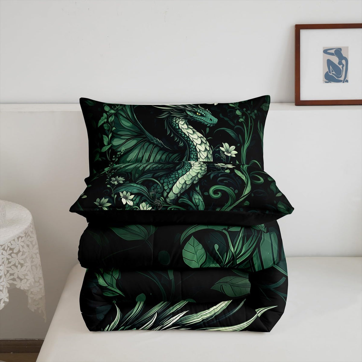 Exotic Dragon Kids Toddler Comforter Sets,Vintage Jungle Wildlfie Reversible Bedding Set for Boys Men Children,Green Leaves Flowers 2 Pieces Quilt Sets,Mystery Safari Animal Duvet Insert,1 Pillow Case
