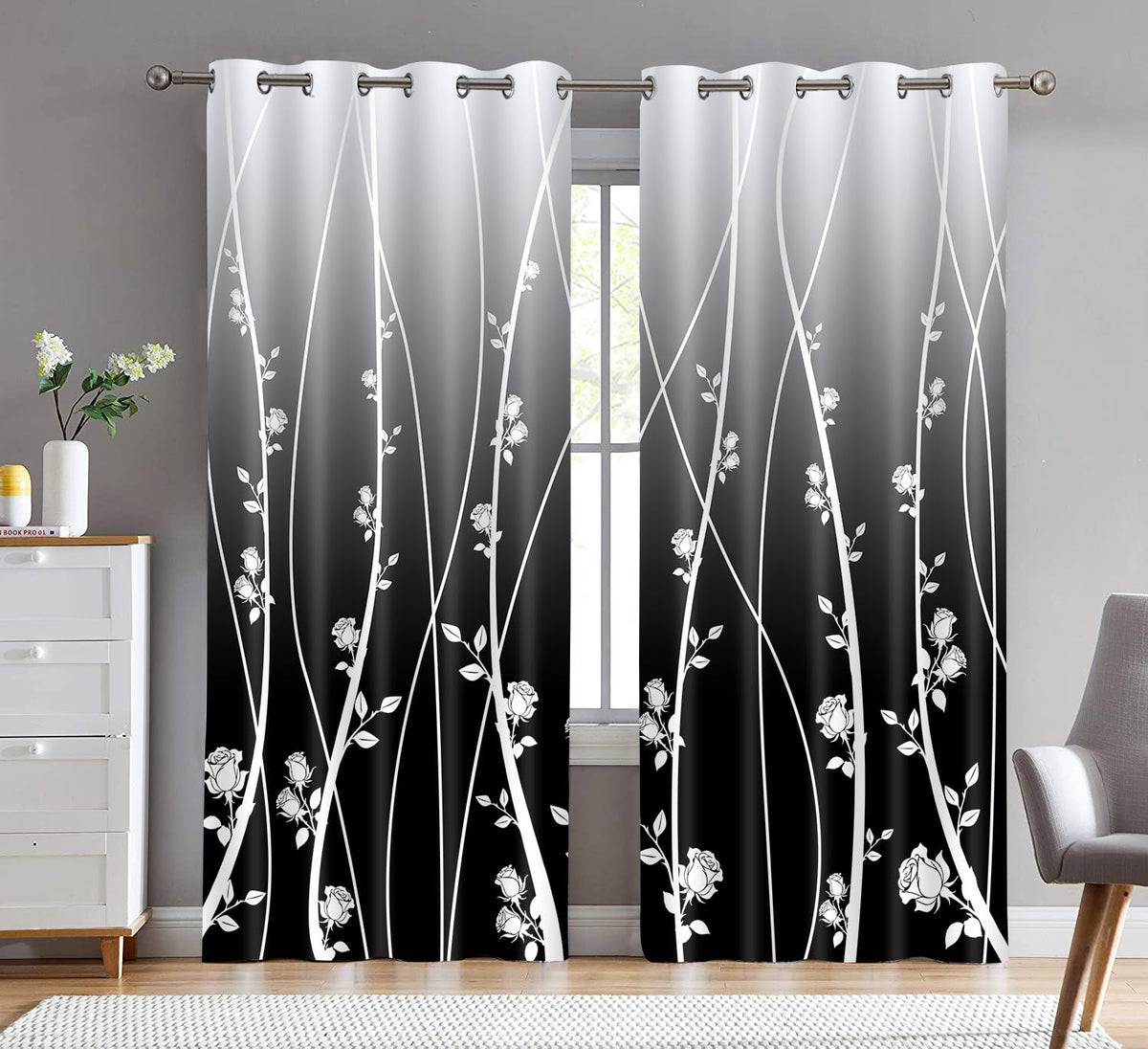 LshyMn Gradient Blackout Curtain 52x84 Inches Modern Farmhouse Floral Rose Pattern Printed Curtains for Living Room Bedroom Office Window Decoration（Black） CLLSMN315