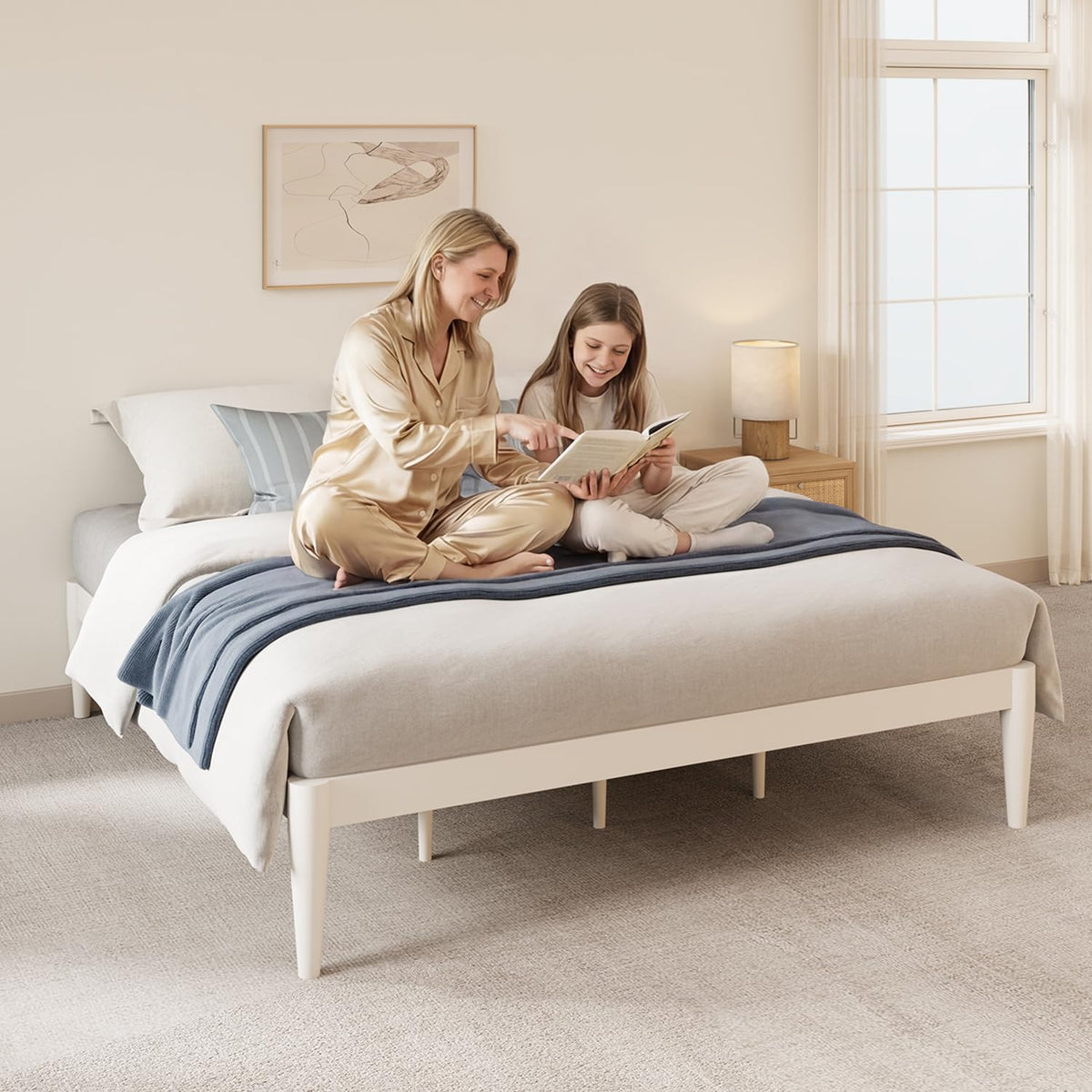 IOTXY Queen Platform Bed Frame - Solid Wood 16-Inch Height Mattress Foundation Base with Densely Slats and Heavy-Duty Support Legs, No Box Spring Needed, White
