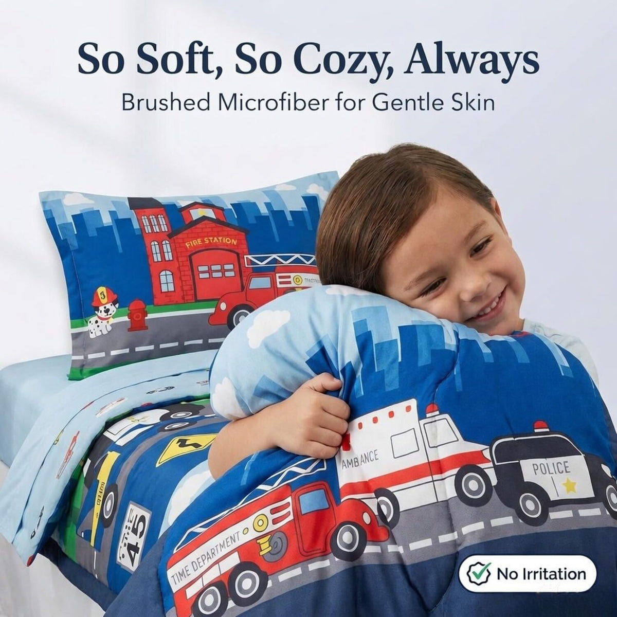 EVERYDAY KIDS 4 Piece Toddler Bedding Set -Fire and Police Rescue- Includes Comforter, Flat Sheet, Fitted Sheet and Reversible Pillowcase