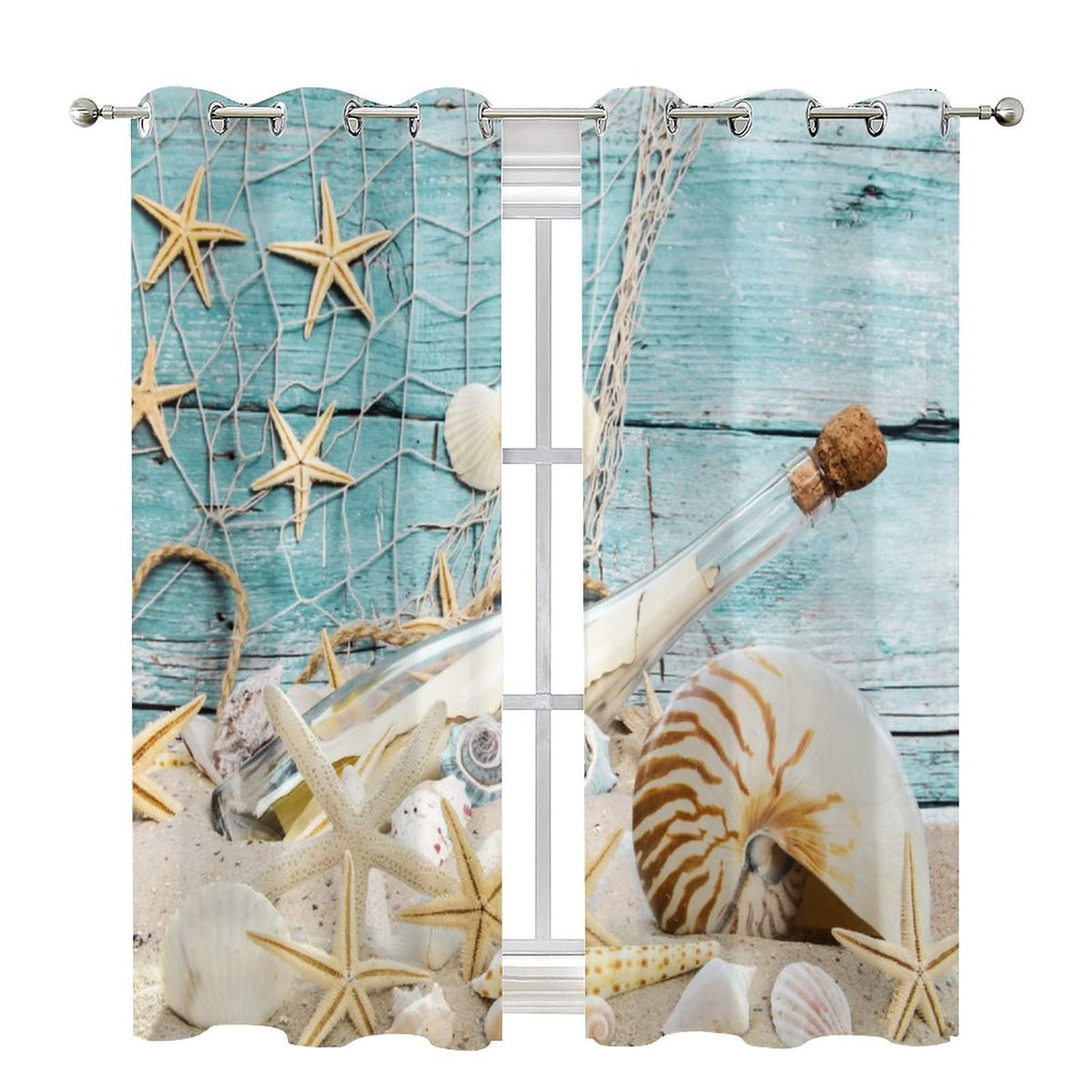 Kazynee Vintage Nautical Beach Theme Room Darkening Blackout Window Curtains with Grommets,Abstract Ocean Beach Fishing Net Starfish Theme Energy Efficient Window Treatment 2 Panels 45L x 21W