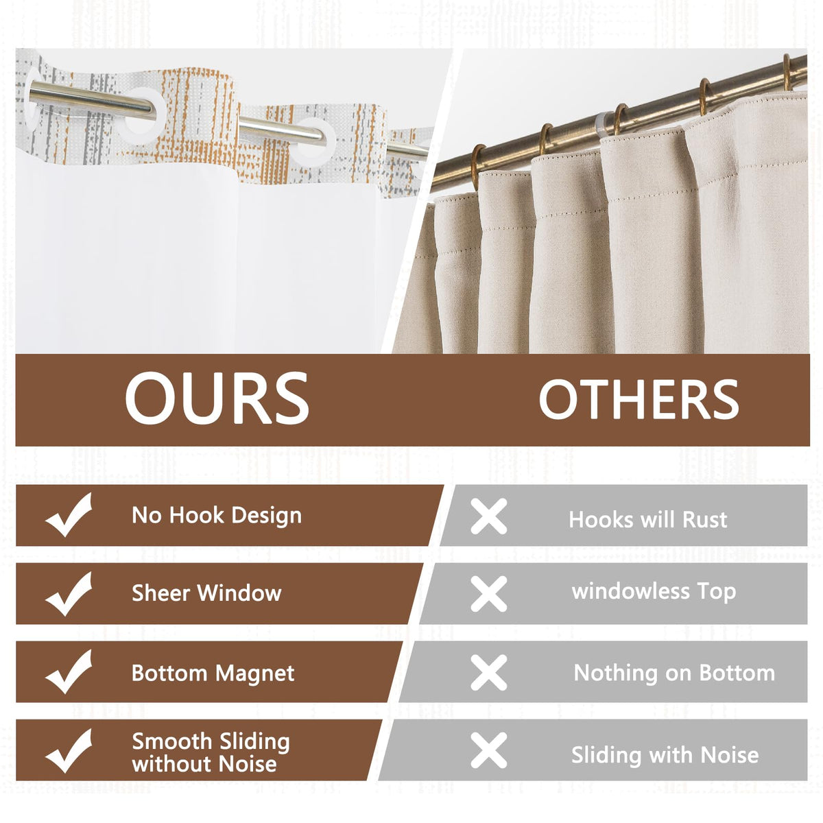 NAEMBCU No Hook Waffle Shower Curtain with Snap in Liner 71x74 Inch