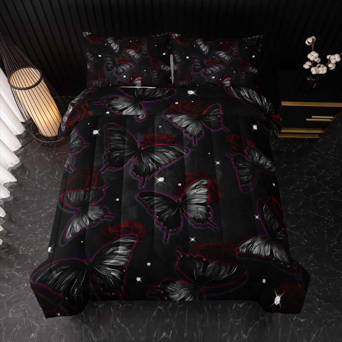 Black Butterfly Comforter Sets Twin Size, Black Butterfly Flowers 3D Animal Pattern Kids Bedding Sets for Girls Teens 3 Piece Bedroom Decor Comforter with 2 Pillowcases