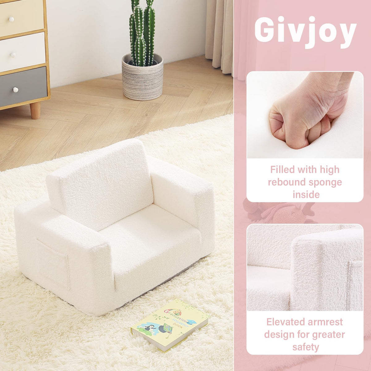 Givjoy Toddler Chair Sherpa Kids Couch, 2-in-1 Soft Kids Armchair Lounger for Bedroom, Convertible Sofa for Girls and Boys, Child Reading Chair for Playroom, Living Room, Pet, Beige