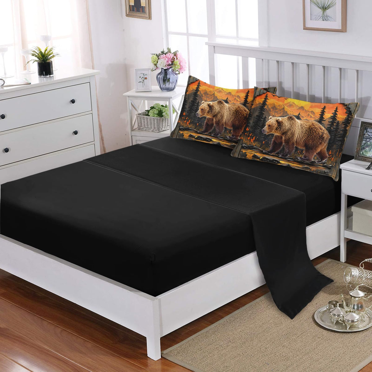 AILONEN Rustic Bear Bedding Twin Size 7-Piece Soft Bed in a Bag, Wildlife Hunting Comforter & Fitted Sheet & Flat Sheet & 2 Pillowcases,2 Pillow Shams for Bedroom Decor