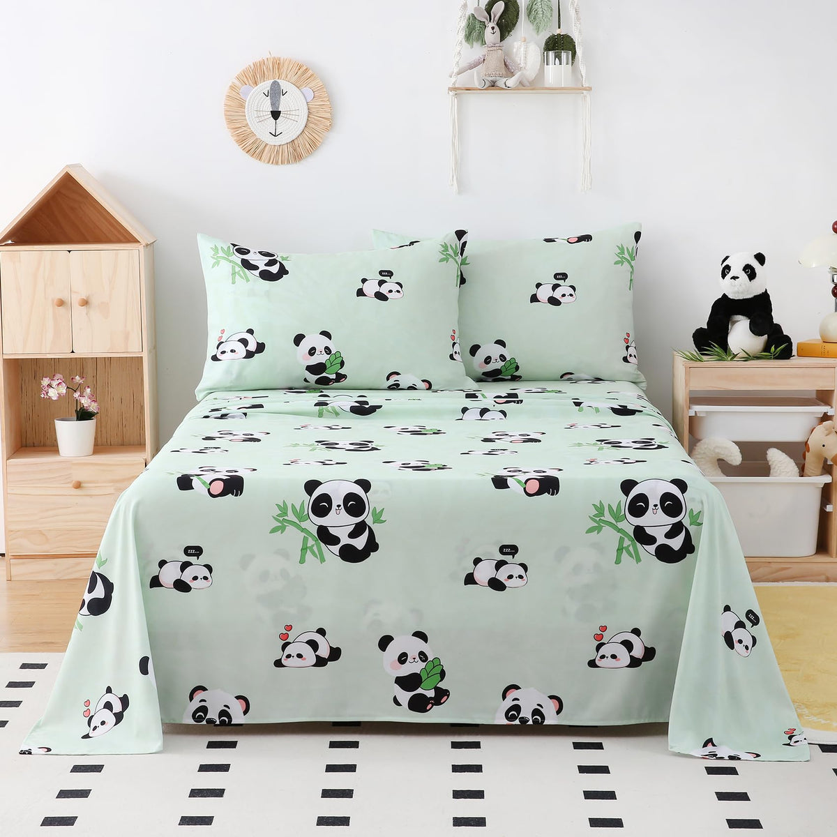 Yibeizi Full Size Sheets Set Kids, Sage Green Panda Pattern Microfiber Double Bed Sheets, Cute Soft Oeko-Tex Extra Deep Pocket Sheets & Pillowcases Cooling Hypoallergenic Wrinkle Free Bedsheets