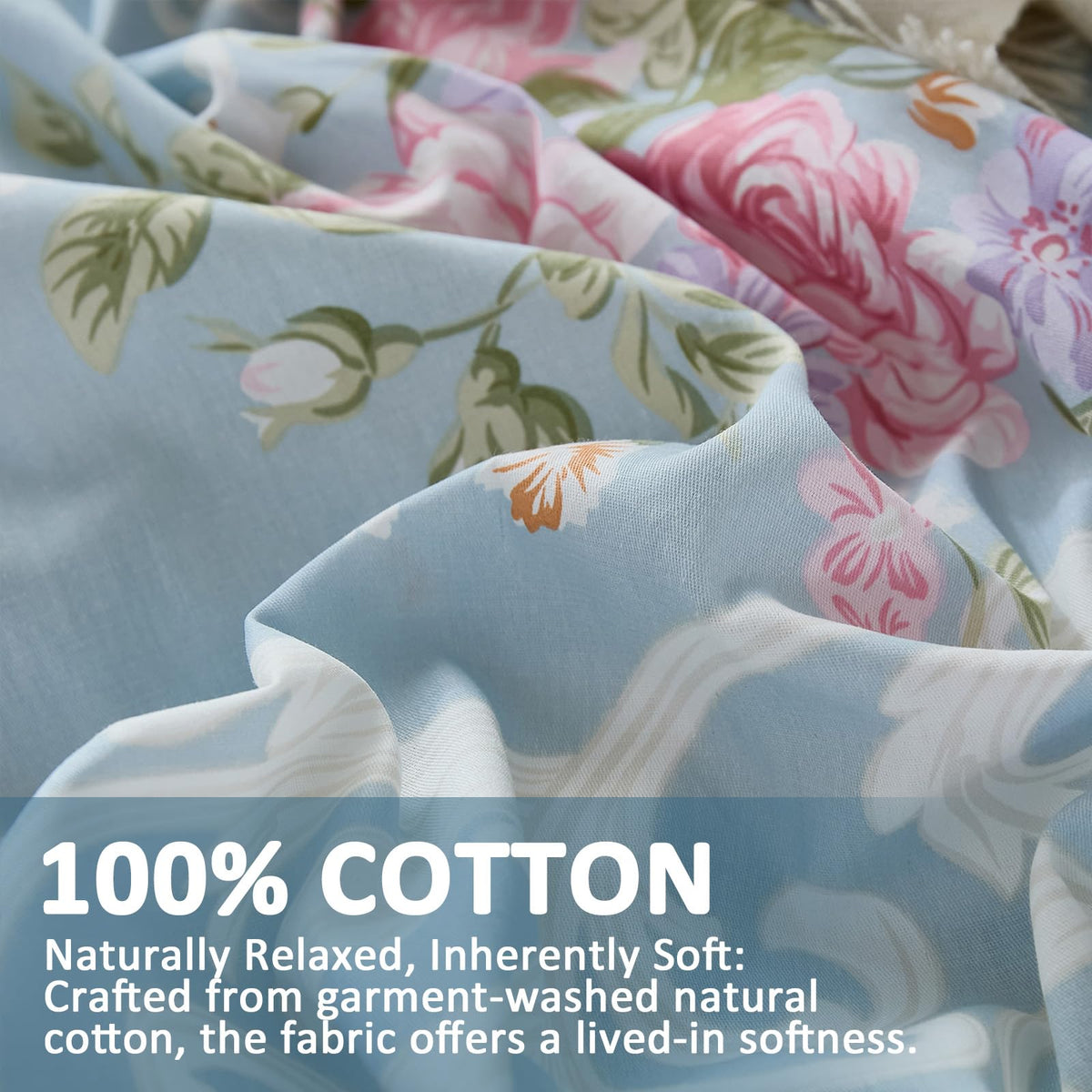 Cozaline Floral Duvet Cover Set King Size 100% Nature Cotton Blue Comforter Cover with Pink Floral, 3 Pieces Breathable & Soft Aesthetic Bedding Set with Zipper Closure