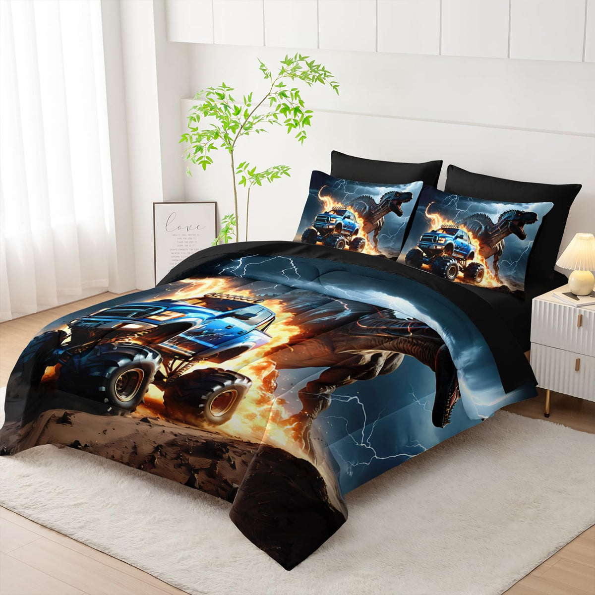 AILONEN Boys Dinosaur Comforter Set Full,7Pcs Cartoon Monster Truck Bed in a Bag for Kids,Soft Breathable,3D Printed Comforter & Fitted Sheet with Flat Sheet & 2 Pillowcases,2 Pillow Shams,Black