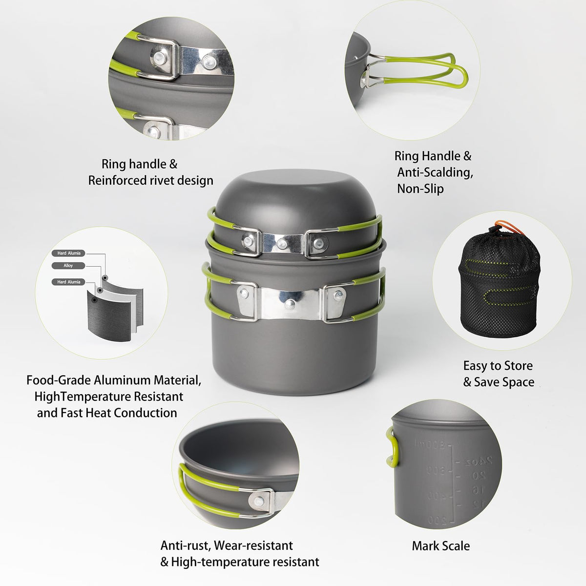 WAILAMHK Camping Cookware Mess Kit, 16 pcs Backpacking Cooking Set, Lightweight Camping Pots and Stove Set for 1-2 Person, Outdoor Cooking Gear Ideal for Camping, Hiking, Backpacking and Picnic