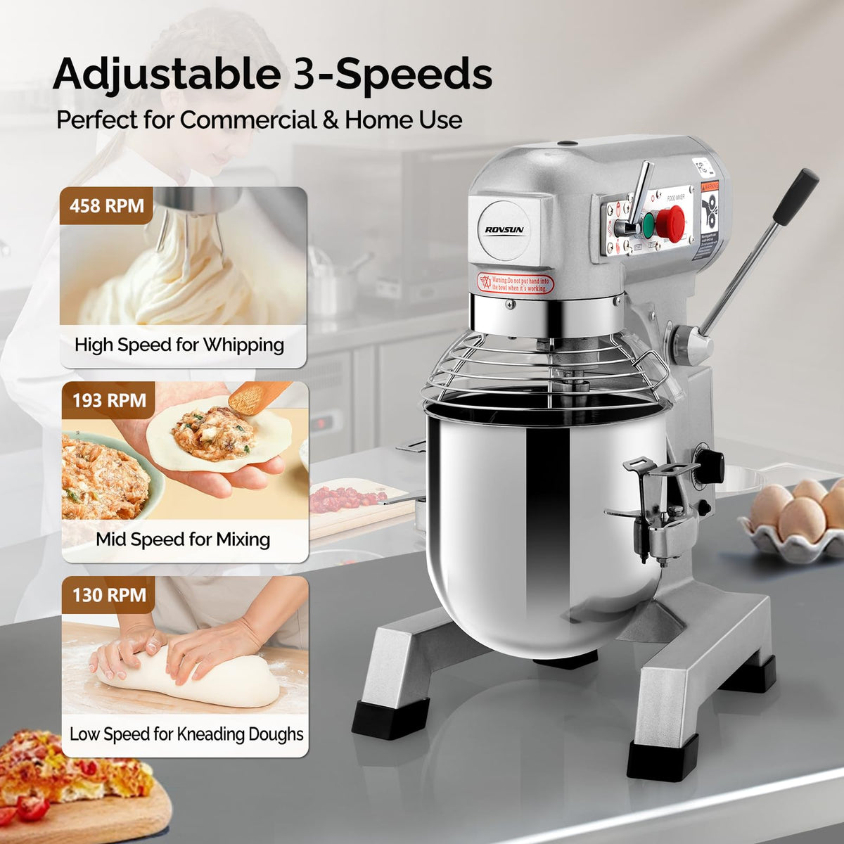ROVSUN 30QT Commercial Food Mixer, 1100W Commercial mixer with 3 Adjustable Speed, Heavy Duty Electric Stand Food Mixer with Stainless Steel Bowl for Bakery Pizzeria