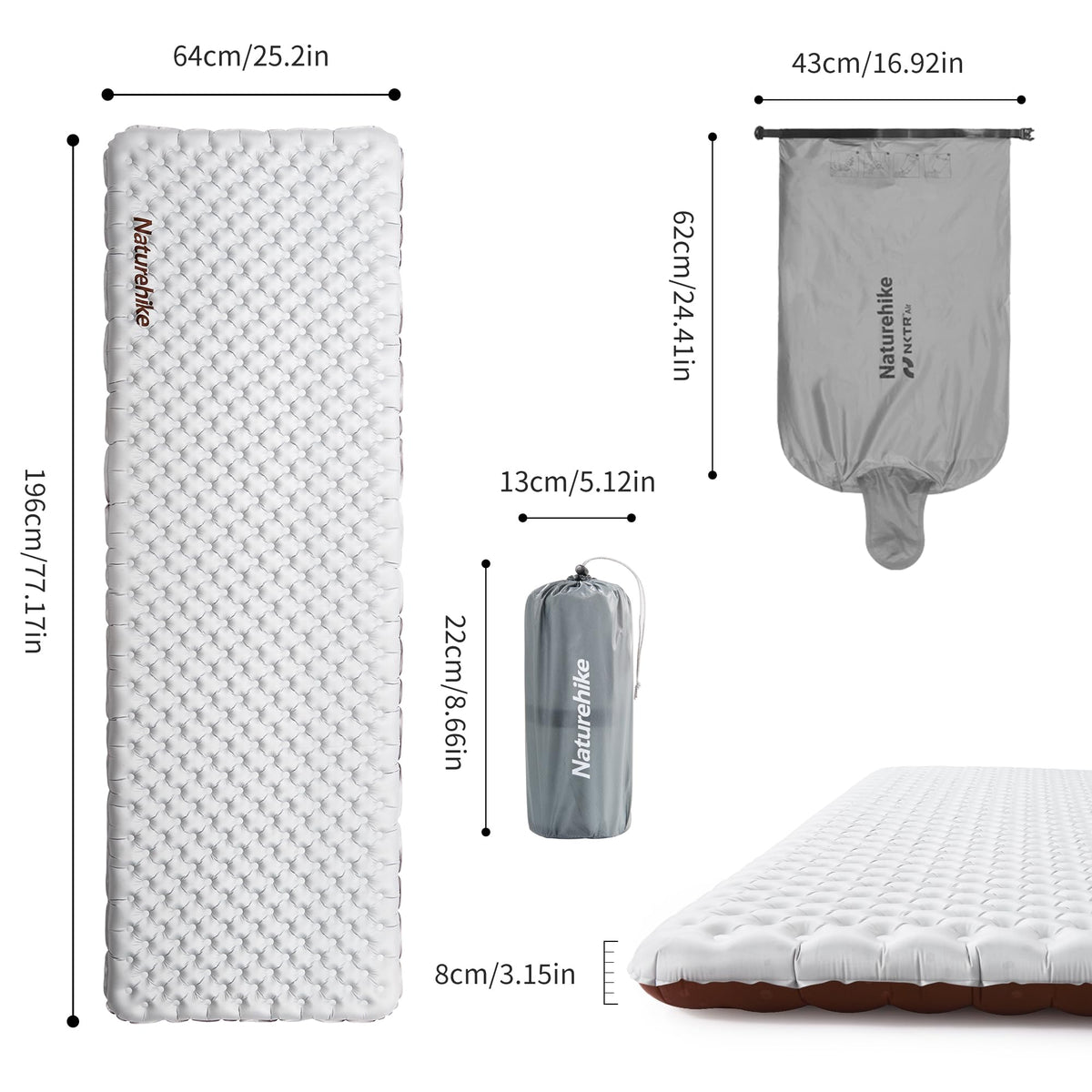 Naturehike Ultralight Insulated Sleeping Pad with R5.8, 3.2in Thickened Patchworkable Inflatable Double Sleeping Mat for Camping, Hiking, Climbing with Inflatable Bag (Silver-Rectangular-Large)
