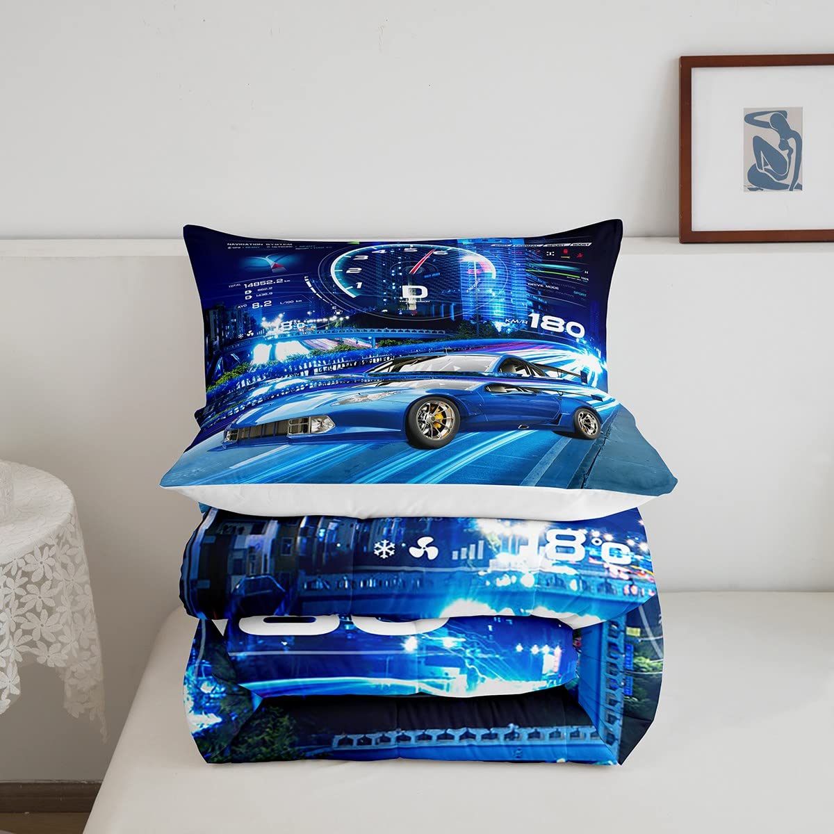 Feelyou Boys Race Car Down Duvet Cool Sports Car Comforter Set for Kids Boys Girls Extreme Sports Bedding Set Blue Automobile Car Comforter 1 Comforter Set with 2 Pillowcases Full Size