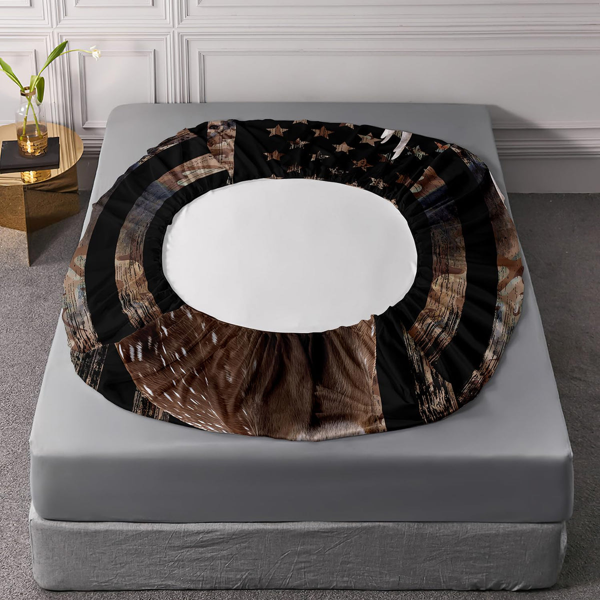 HOSIMA Deer Hunting Camo Bedding,Hunter Bedding Set American Flag Fitted Sheet Set Full Size for Adult Teen Boy Bedroom Decor,1 Fitted Sheet+2 Pillowcases.