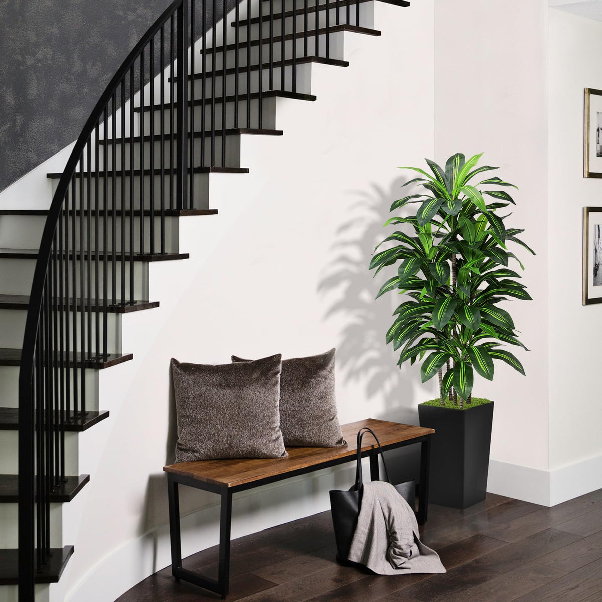 Artificial Dracaena Tree 5FT - Fake Tree with Black Tall Planter - Faux Yucca Tall Fake Floor Plant in Pot - Artificial Plant for Home Office Living Room Decor Indoor