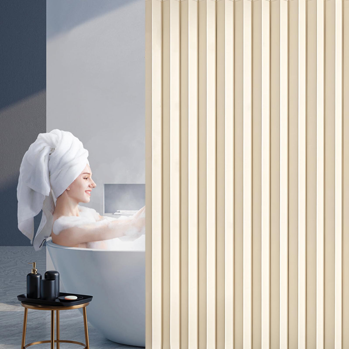 South to East Waterproof Shower Curtain for Bathroom, Folding Fabric Shower Curtain with Magnets, No Liner Required, 72x72 Inch Heavy Duty Thick Magnetic Shower Curtains, Stainless Steel Hooks, Beige
