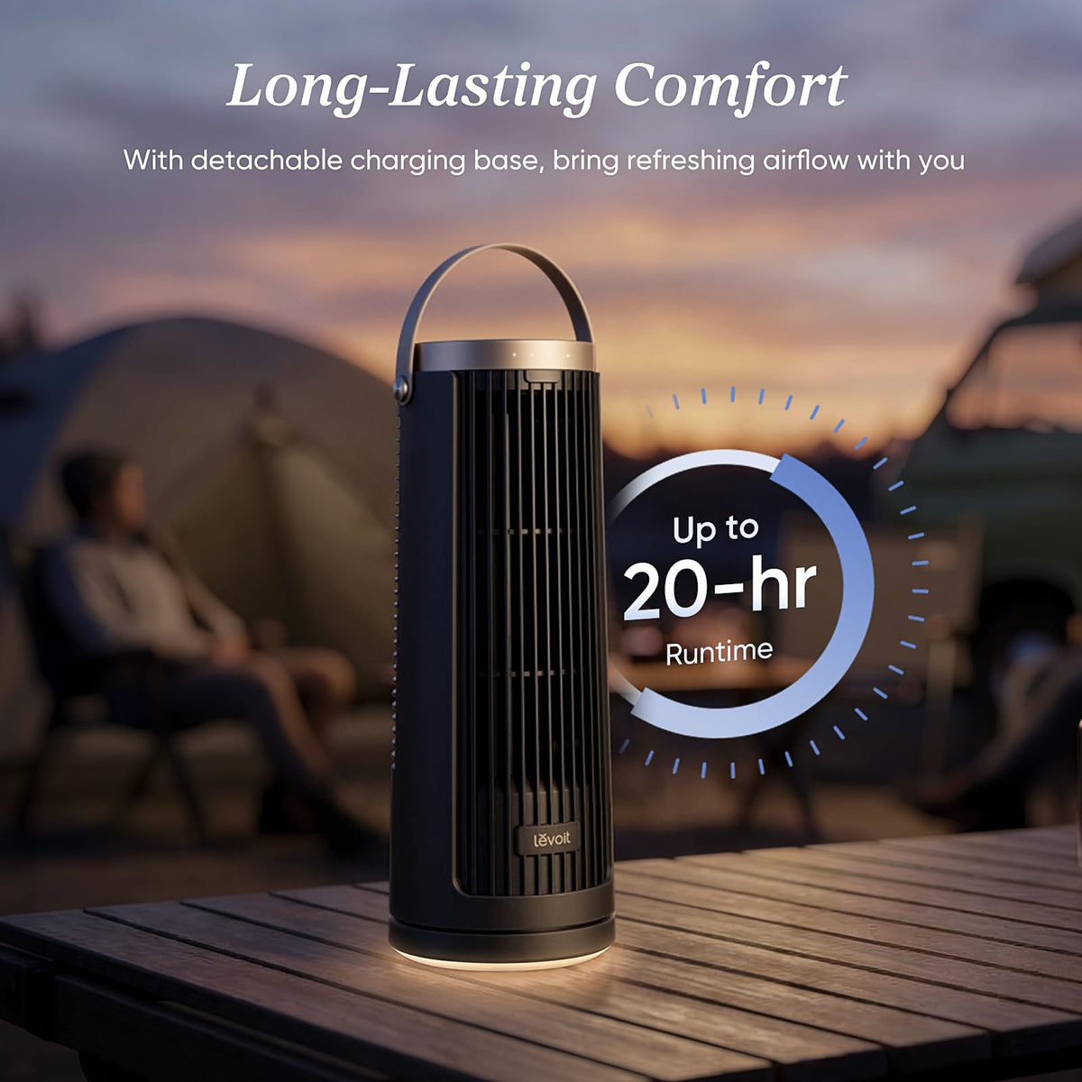 LEVOIT Tower Fan for Bedroom, 20dB Portable Fan with 23ft/s, Up to 20-Hour Battery Life, Easy-to-Carry Desk Fan, 5 Speeds 90° Oscillation, DC Motor, Night Light & Timer, Remoter, for Outdoors, Home