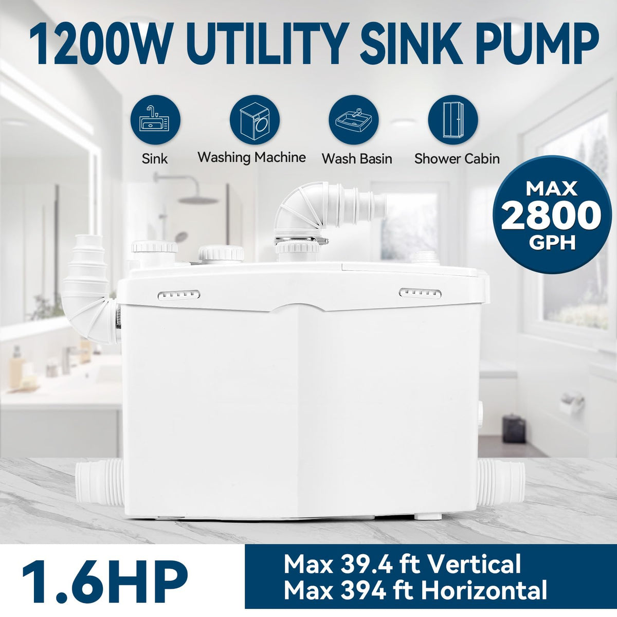1200W Utility Sink Pump with Blade PCB Function Under Sink Pump Upflush to 39.4FT 2800GPH with 4 Water Inlets 2 Outlets Macerating Toilet System for Sink Shower Washing Machine Kitchen Basement