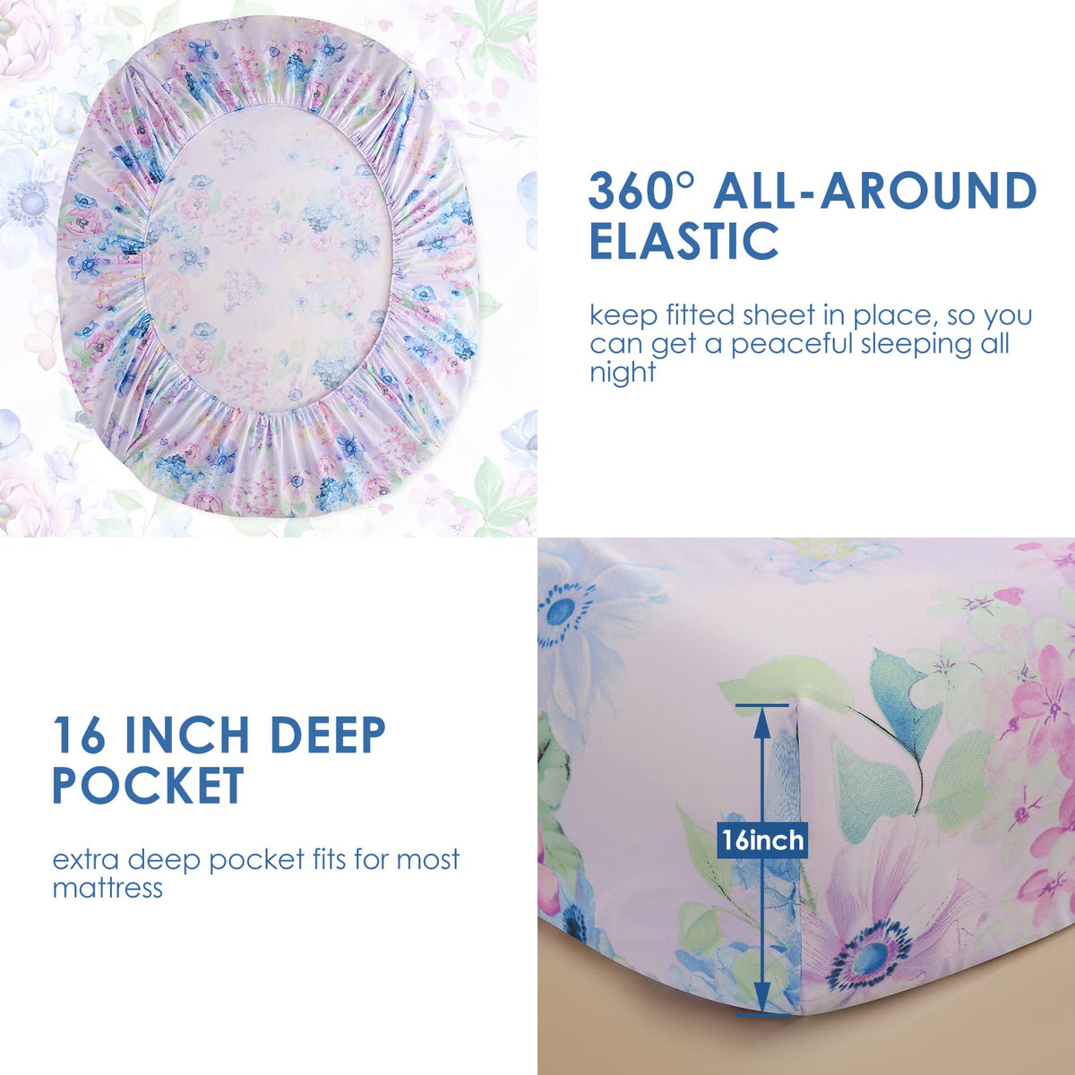 JSD Purple Hydrangea Floral Sheet Set King Size, 4 Piece Soft Spring Printed Microfiber Bed Sheets Deep Pocket