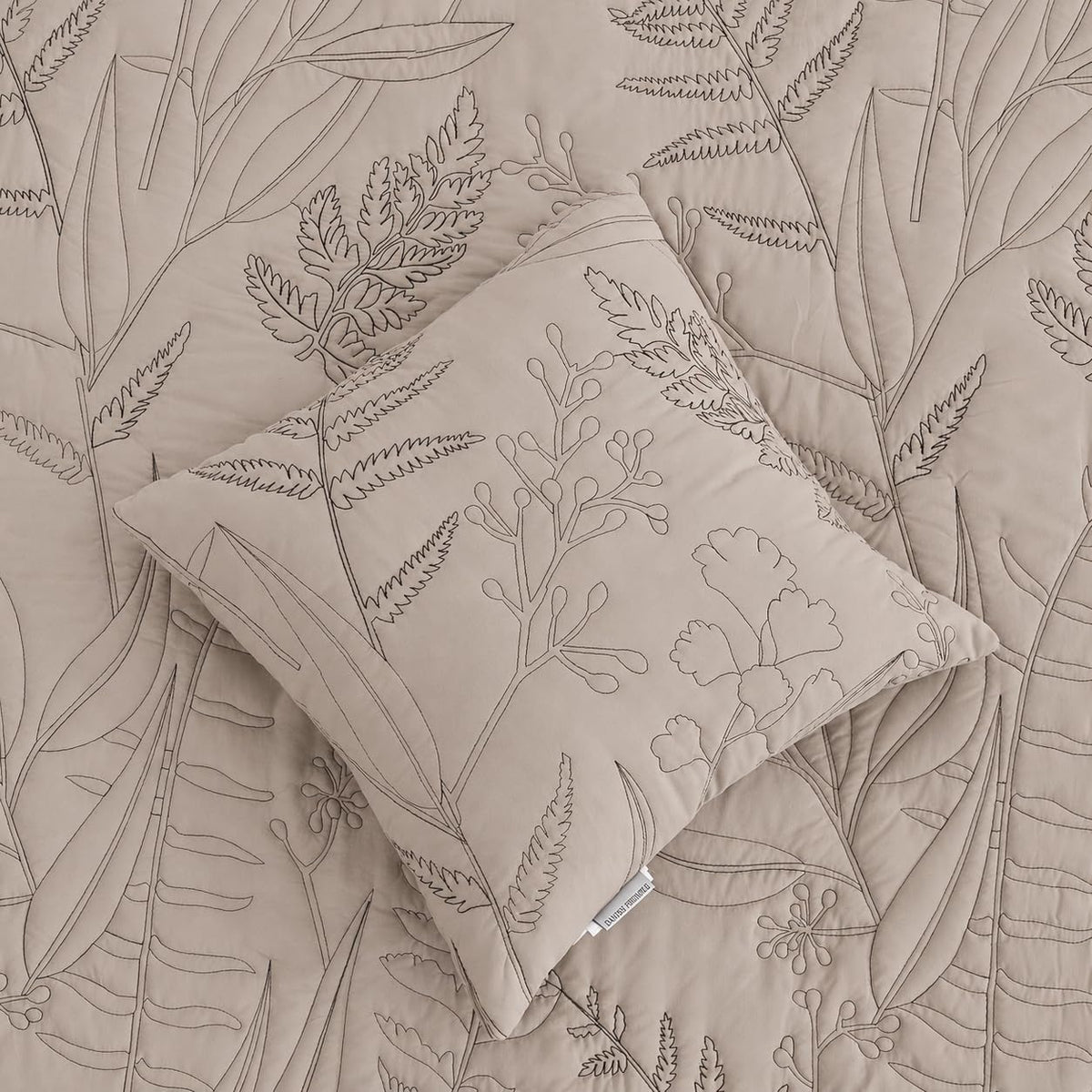 DaisyHuang Botanical Oversized Bedspread King Size - Leaves Pattern Stitching Quilt Set - Elegant & Fresh Style Bedding Coverlets, Reversible, Lightweight, 5 Piece, Taupe