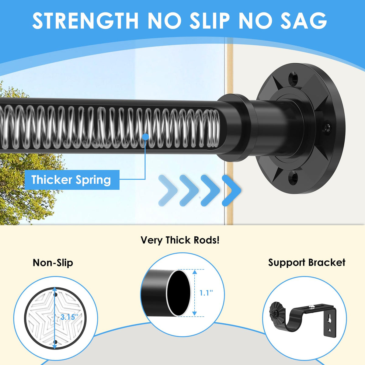 Tension Curtain Rod 31-88 inch Black Shower Curtain Rods for Bathroom Adjustable Curtain Rods No Drilling for Windows Spring Rod for Closet Tension Or Screw Mount Easy Install Non Slip, No Rust