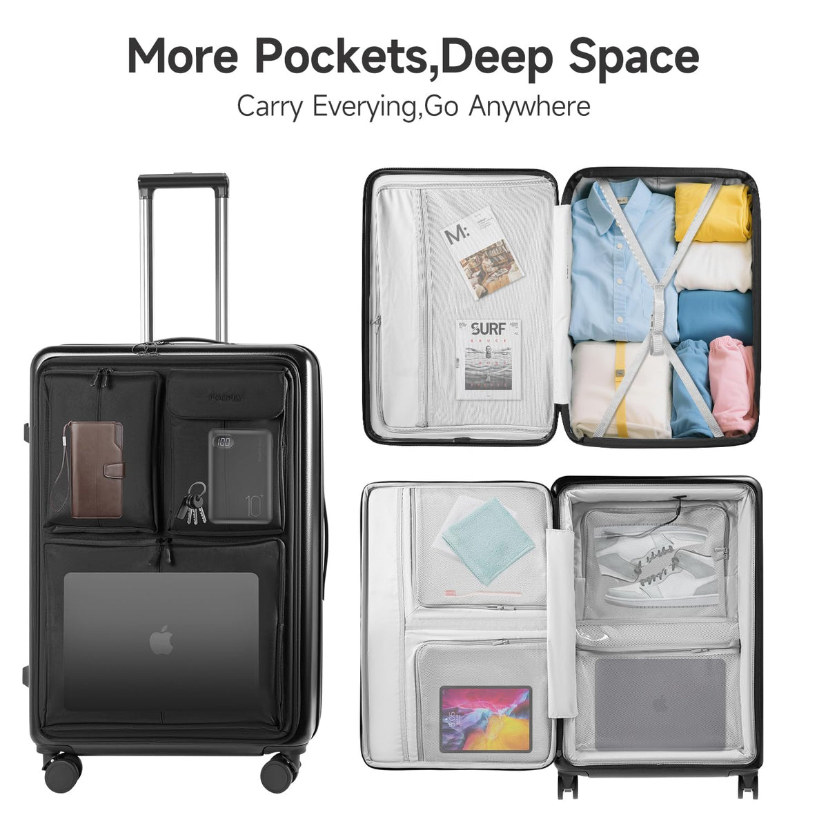 24 Inch Checked Luggage with Front Pocket, Expandable Hardshell Suitcase with Spinner Wheels, Hybrid Travel Bag with Laptop Compartment, TSA Lock & USB Charging Ports, Medium Suitcase for 7-10 Days