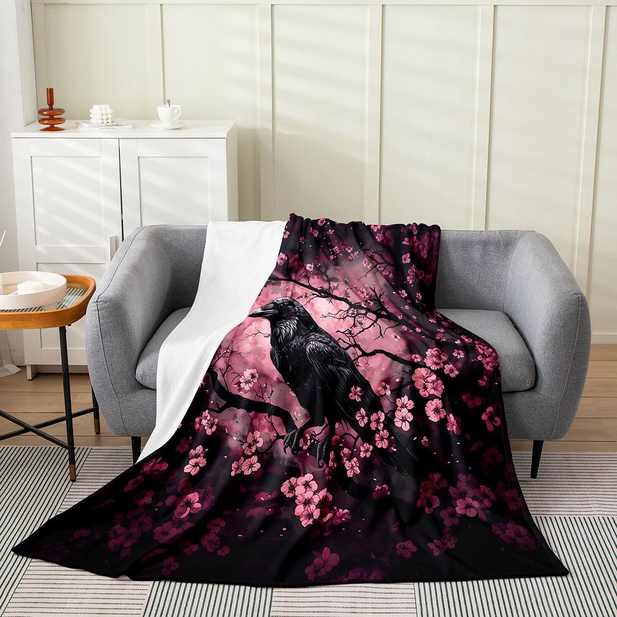Feelyou Crow Plush Throw Blanket Halloween Themed Flannel Blanket Throw 50"x60" Cherry Blossoms All Season Trick or Treat for Couch Bed Sofa Goth Bedroom Decor