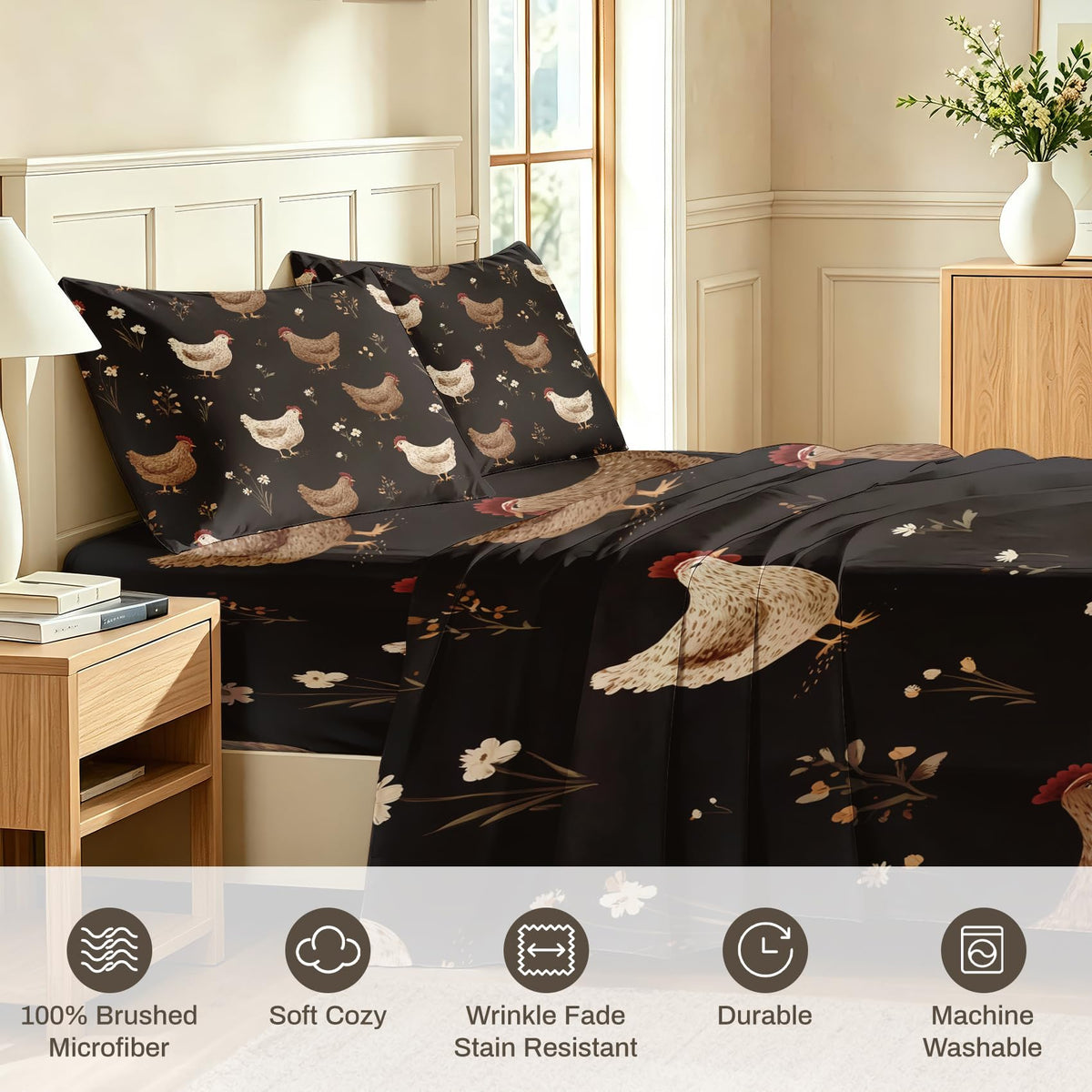 Chicken Full Sheet Set Rustic Farmhouse Flat Fitted Sheet Sets, Brown