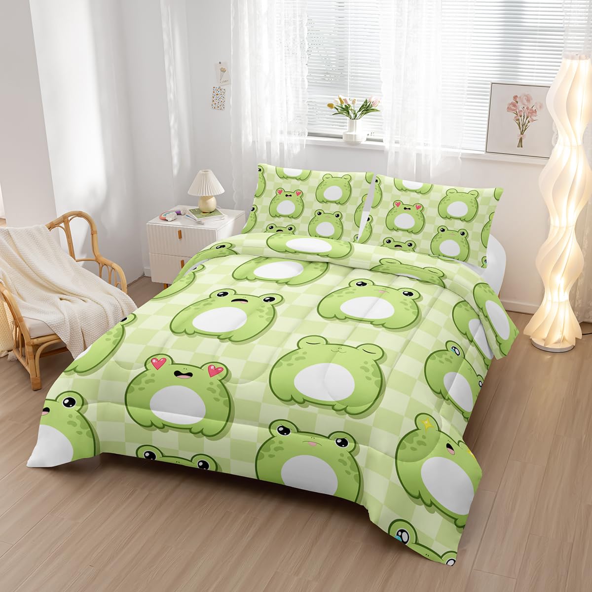 Nttopship Cartoon Frog Comforter Bedding Set with 2 Pillowcase Twin Size Cute Animals Comforter Set for Kids Boys Girls Bedroom Decor