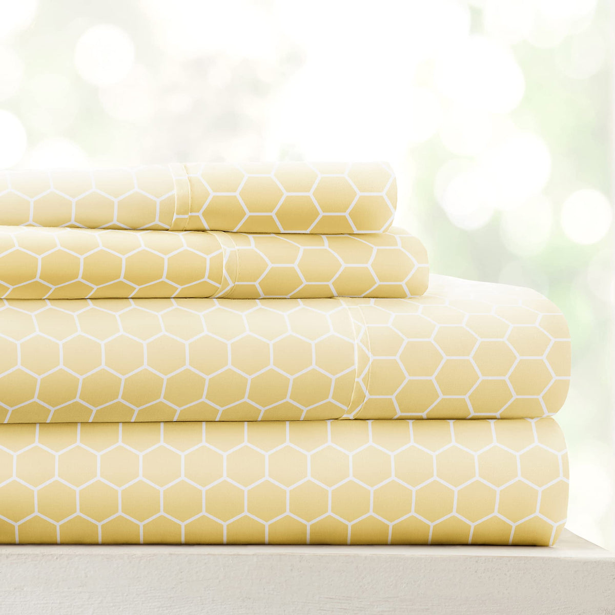 Linen Market Patterned Microfiber Full Sheet Set 4 Piece – Oeko-TEX Certified Ultra Soft & Wrinkle-Free - 16" Deep Pocket Sheets - Easy Care Full Size - Honeycomb Yellow