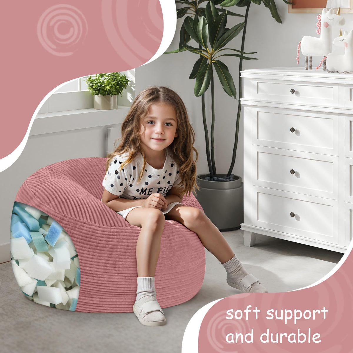COMAX Kids Bean Bag Chair Turn into Beanbag Bed, Toddler Bean Chair Corduroy for Girl Boy Sleeping, Lazy Children Bean Bags with Filler, Convertible Child Floor Mattress, Light Pink