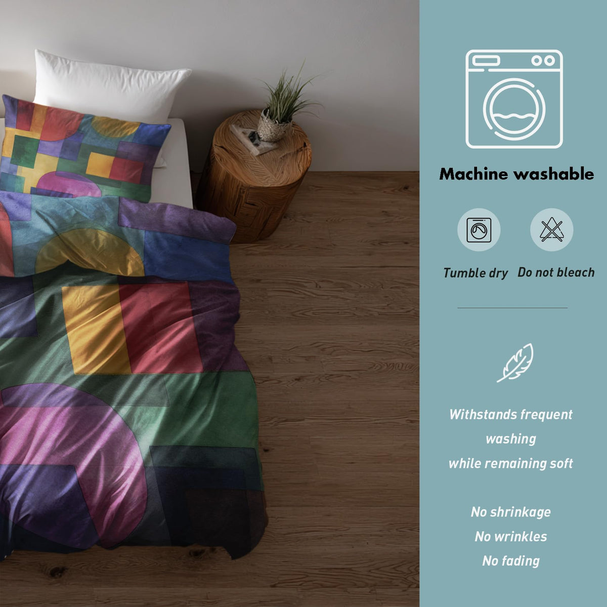 Colorful Geometric Queen Duvet Cover Set 3 Piece, Retro Abstract Art Reversible Bedding with 2 Pillow Shams, Zipper & Ties, Ultra Soft Microfiber, Geometric Bedroom Decorations 80A-T