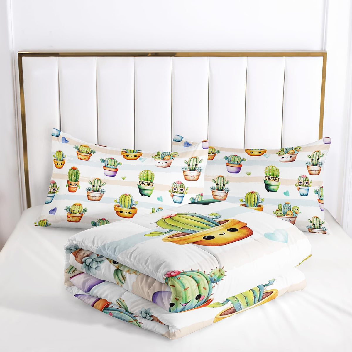 AILONEN Cute Cactus Comforter Set Queen Size, Funny Cartoon Style Succulent Plant Bedding Set for Kids Girls,Mexican Nature Hipster Humor Print Bed in a Bag,1 Quilt Set 2 Pillowcases,3 PCS