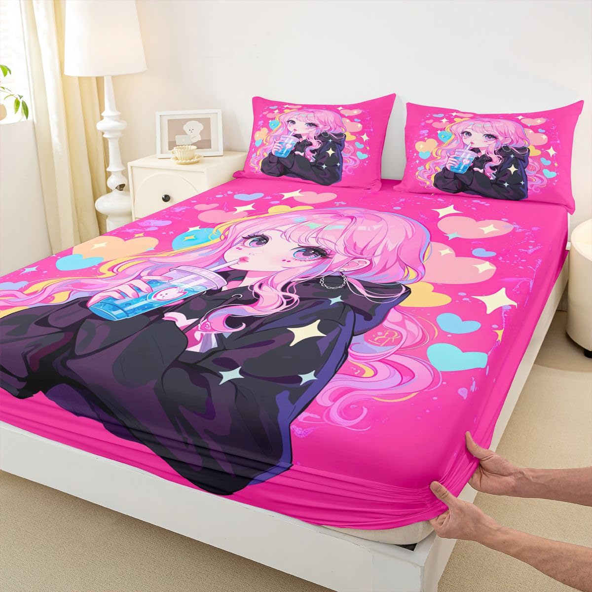Erosebridal Preppy Girls Sheets for Boys Girls Kawaii Japanese Girl Drinking Water Fitted Sheet,Coquette Girl with Colorful Curly Hair Kids Bedding Sets Pink Anime Gifts Bed Sets Queen 3 Piece