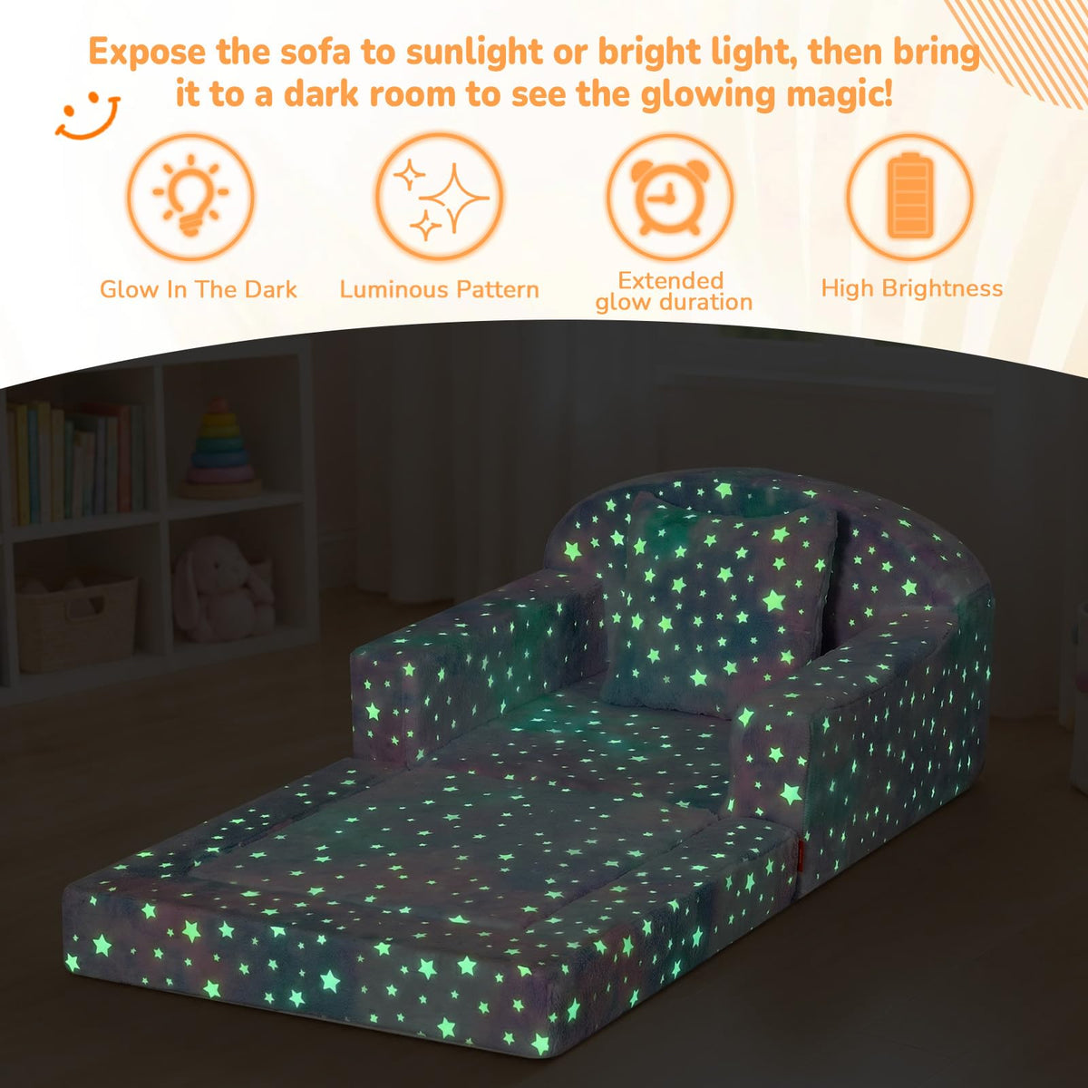 MeMoreCool Glowing Star Kids Chair, 2-in-1 Convertible Kids Couch Fold Out to Lounger, Glow-in-the-Dark Star Sofa for Boys Girls, Soft Foam Flip-Out Seat with Washable Cover