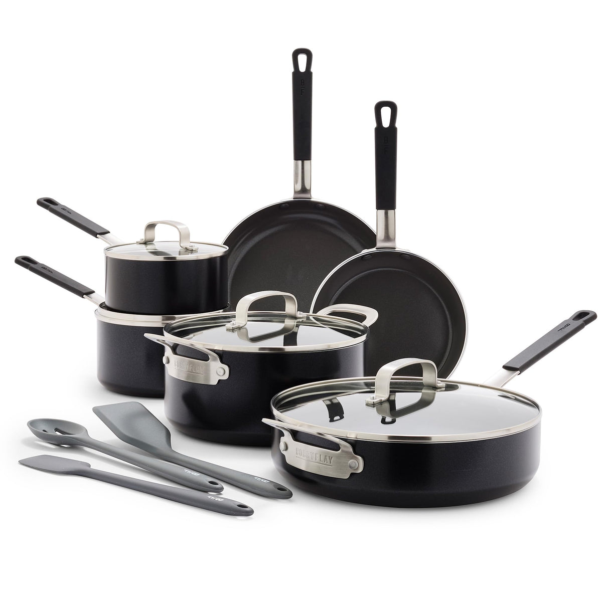 GreenPan x Bobby Flay 13 Piece Nonstick Cookware Pots and Pans Set, PFAS-Free Diamond Ceramic, Induction Suitable, Easy Clean Dishwasher & Oven Safe, Stay-Cool Silicone Handles, Glass Lids, Black