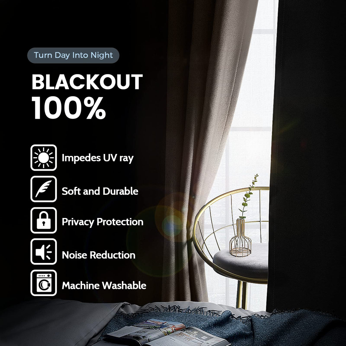SimpleHome 100% Blackout Curtains for Bedroom,Thermal Insulated Grommet Window Drapes Room Darkening Cream Curtains for Living Room with Black Back,52 x 84 Inch,2 Panels