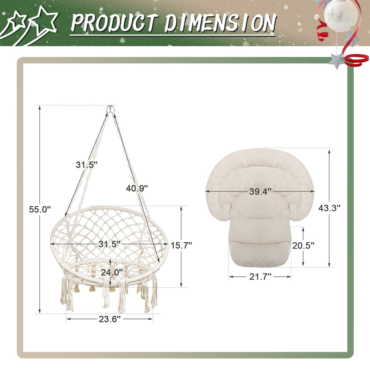 Hammock Chair with Cushion, Handmade Macrame Swing Chair with Hanging Hardware Kits, Bohemian Style Cotton Rope Hanging Chair for Bedroom Indoor Outdoor, Beige
