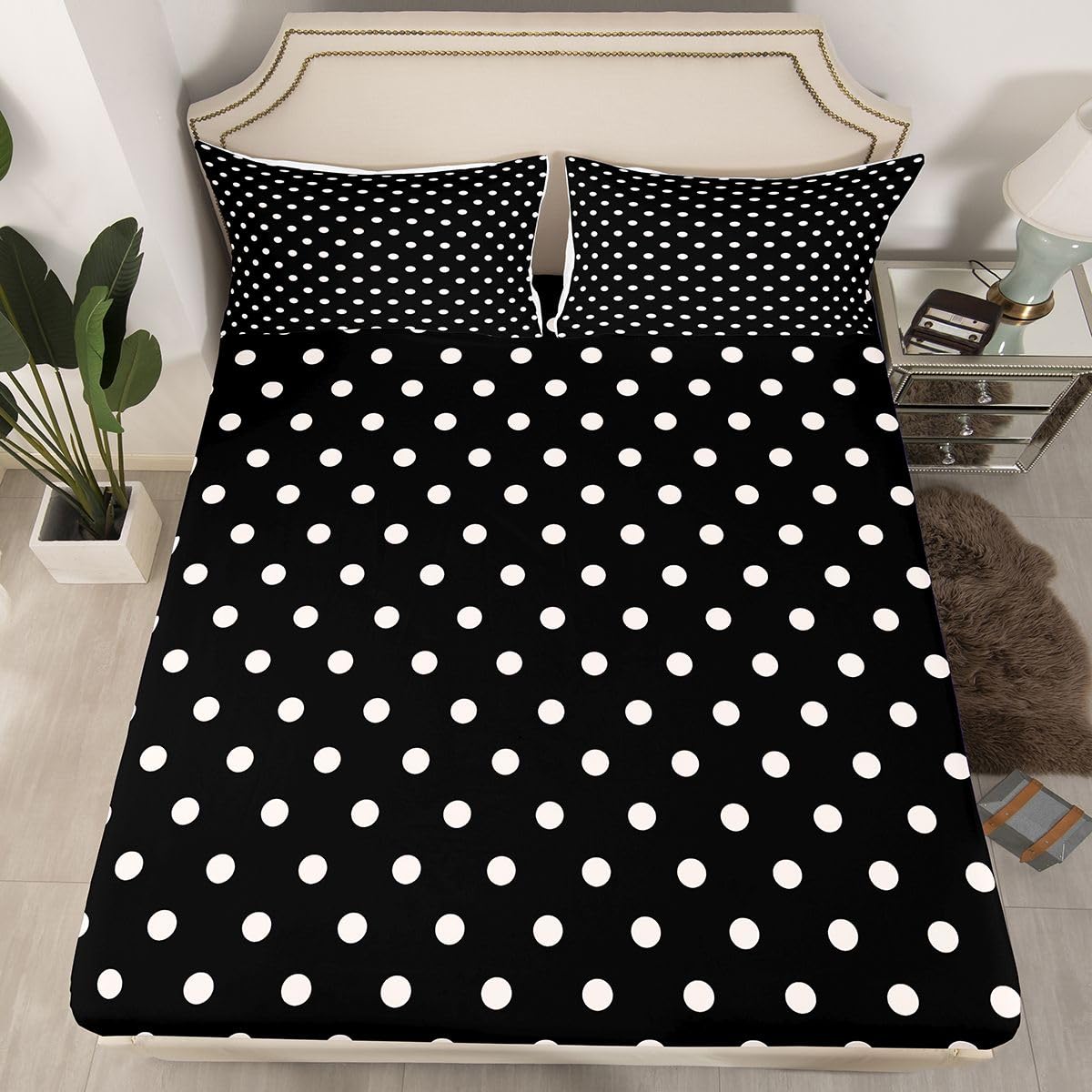 jejeloiu Black White Polka Dot Bed Sheets Set Full Size Retro Cute Polka Dot Bed Set Geometric Deep Pocket Fitted Sheet Luxury Breathable Soft Lightweight Microfiber