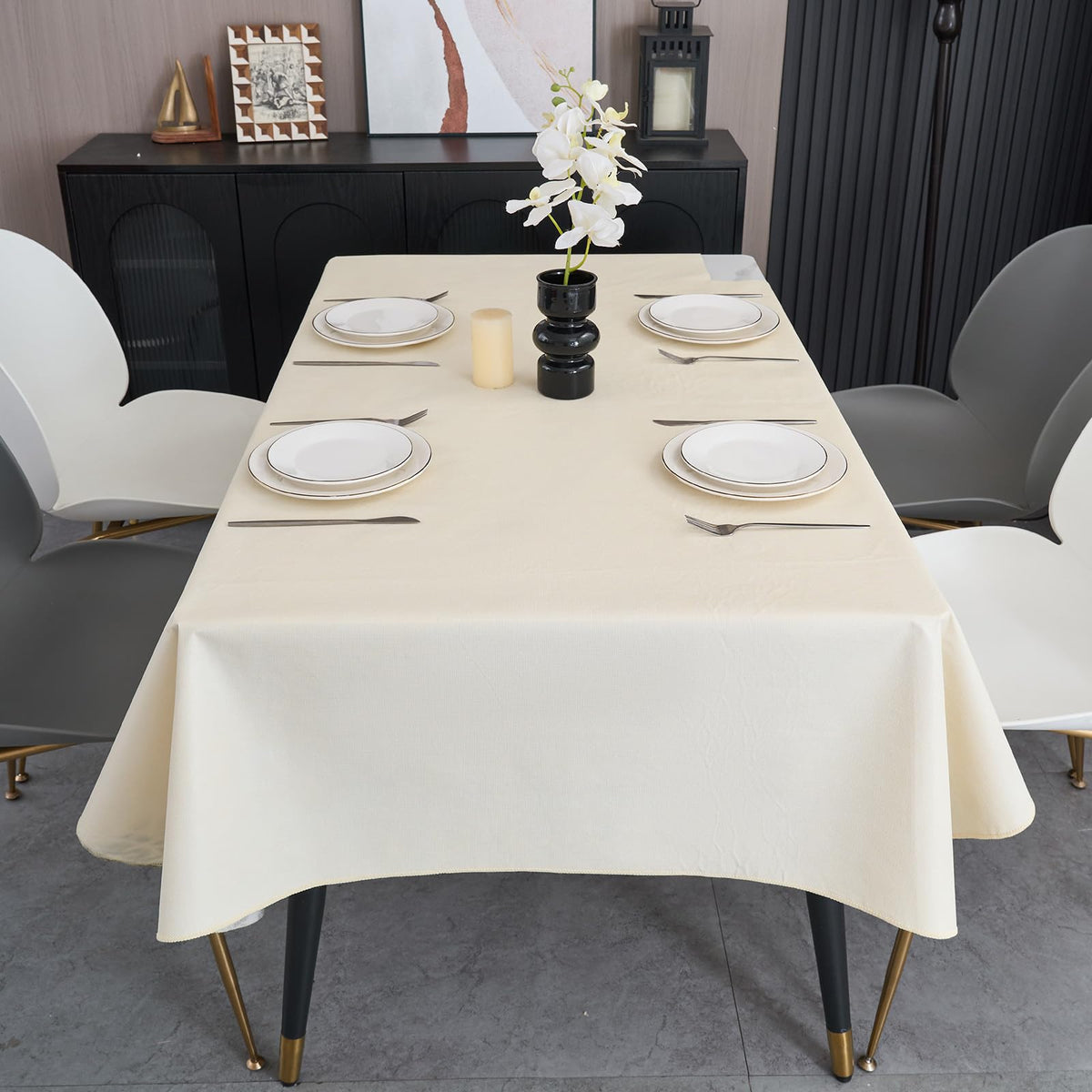 Rectangle Tablecloth Wipeable Vinyl Tablecloths with Flannel Backing, Plastic Outdoor Oil-Proof Waterproof Table Cover, Both Indoors and Outdoors. (Beige, 52" x 70")